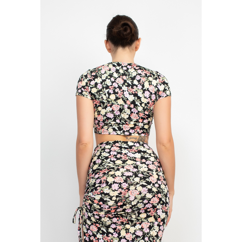 Front Knot Floral Top & Ruched Maxi Skirts Set - Picture 6 of 10